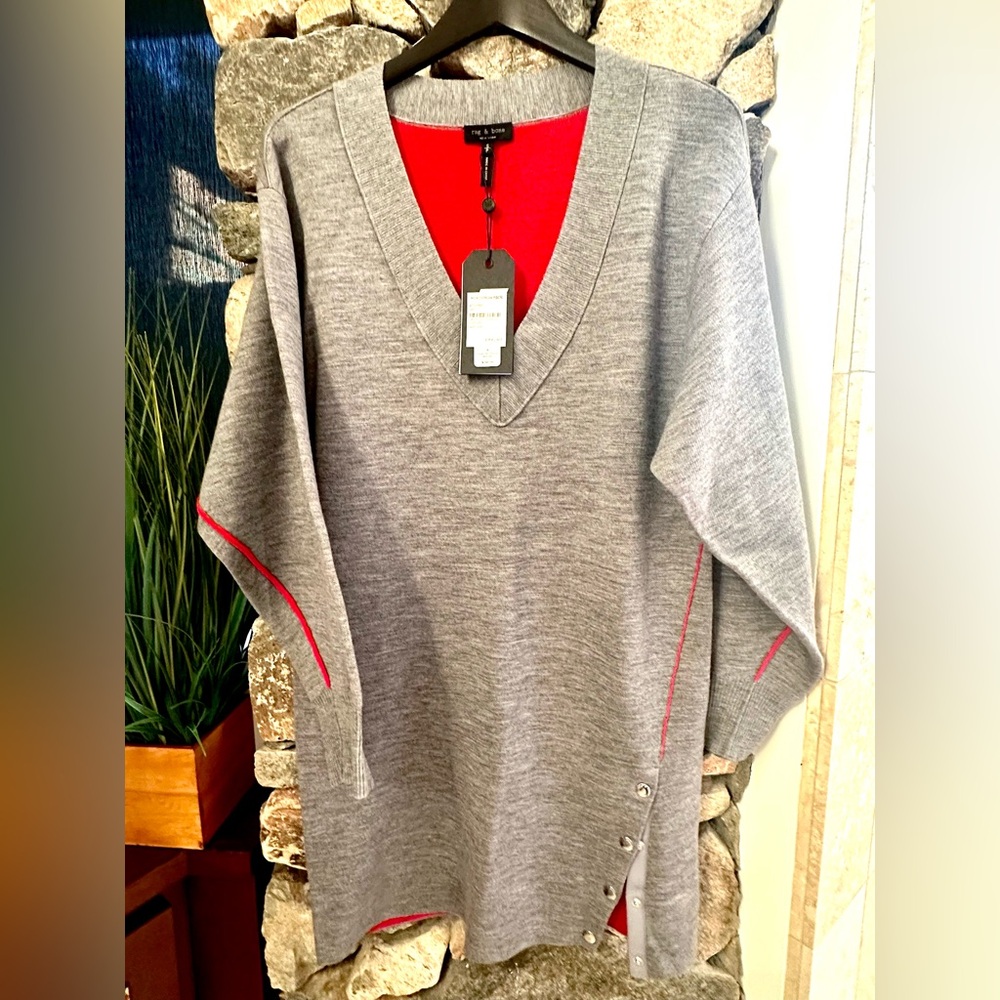Rag & Bone V-Neck Sweater Dress in Gray and Red